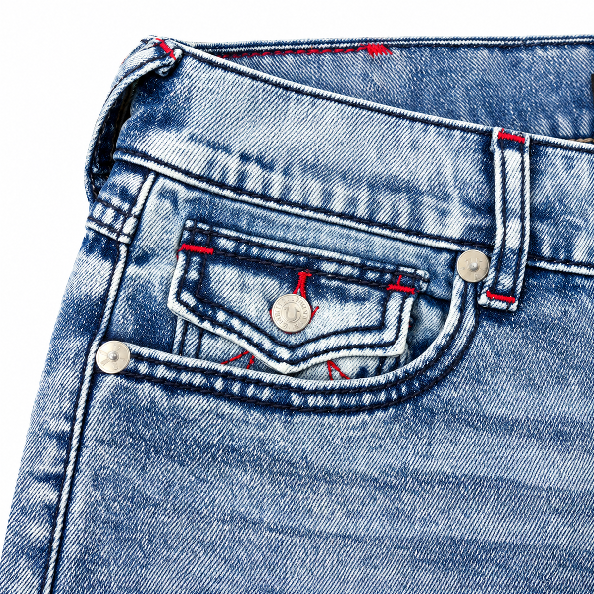 True Religion Ricky Big T Flap Straight Jean, Light Riviera Wash pocket detail