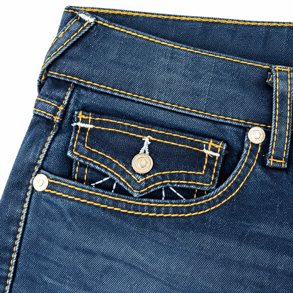 True Religion Ricky Big T Flap Straight Jean, Dark Sultry Wash pocket detail
