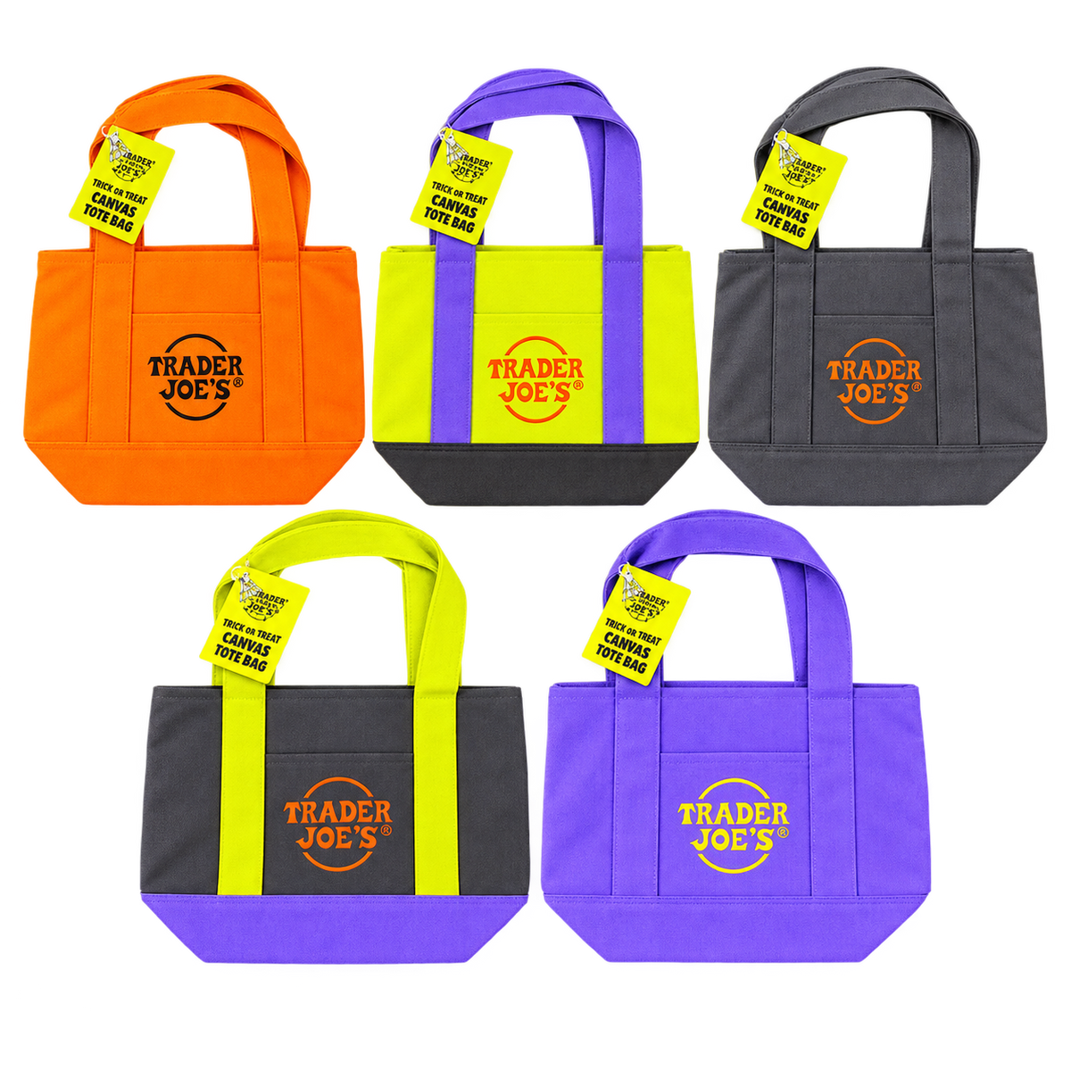 Trader Joe's 2026 Halloween mini canvas tote bags in all five colors